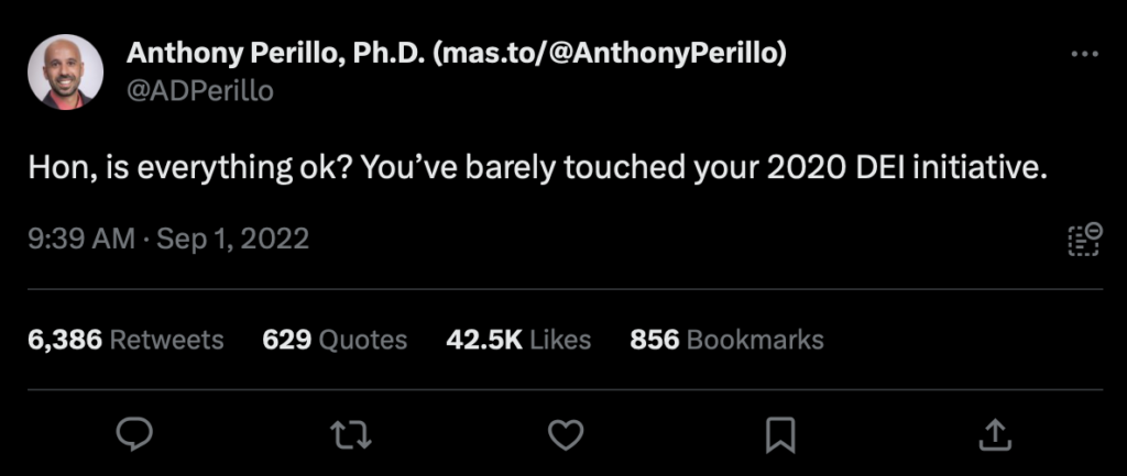 screenshot of a tweet by Anthony Perillo, Ph.D. (@ADPerillo) that says, "Hon, is everything ok? You've barely touched your 2020 DEI initiative." The tweet is dated 9:39am on September 1, 2022.